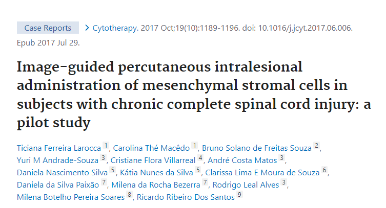 影像引導(dǎo)經(jīng)皮間充質(zhì)基質(zhì)細(xì)胞在慢性完全性脊髓損傷患者中的應(yīng)用:試點(diǎn)研究 影像引導(dǎo)經(jīng)皮間充質(zhì)基質(zhì)細(xì)胞在慢性完全性脊髓損傷患者中的應(yīng)用:試點(diǎn)研究