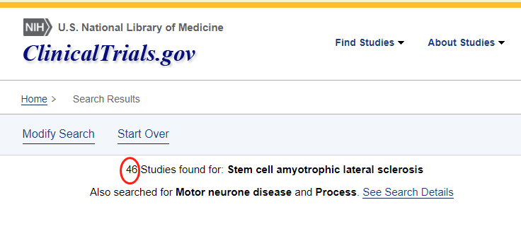 clinicaltrials.gov網站上注冊的有關干細胞治療肌萎縮側索硬化癥的臨床研究項目有46項。