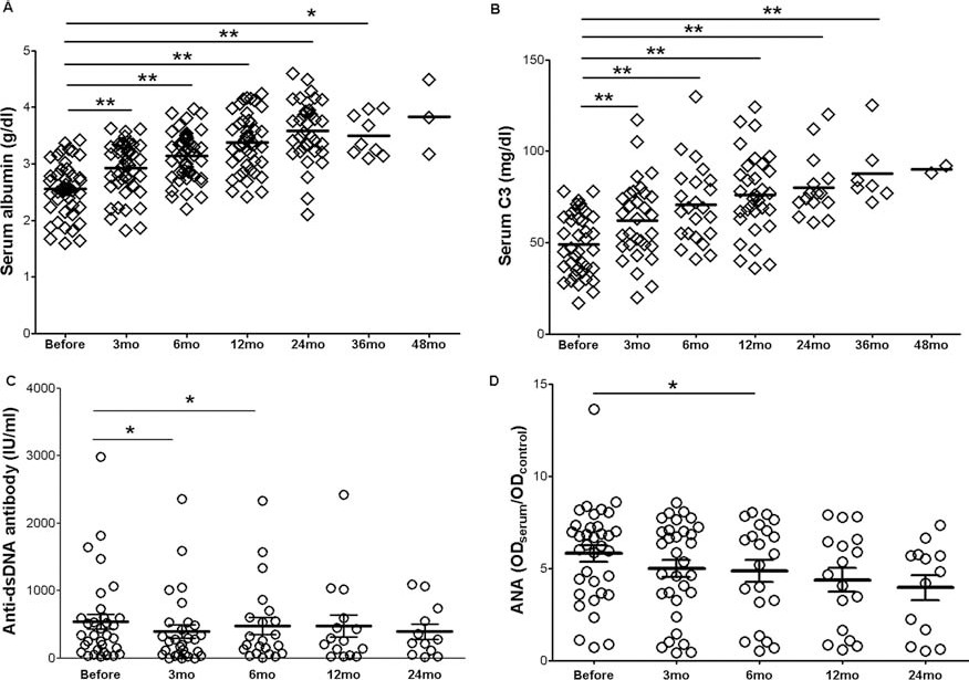 間充質(zhì)干細(xì)胞移植后血清白蛋白 (A) 和補(bǔ)體 C3 (B) 增加。間充質(zhì)干細(xì)胞移植后血清抗雙鏈DNA (dsDNA) 抗體和抗核抗體 (ANA) 下降（C和D）。
