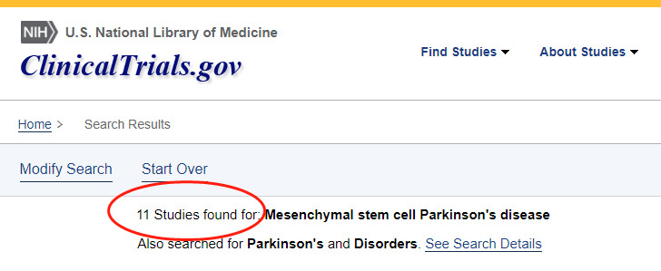 clinicaltrials.gov網(wǎng)站上注冊(cè)的有關(guān)間充質(zhì)干細(xì)胞治療帕金森病的臨床研究項(xiàng)目有11項(xiàng)。