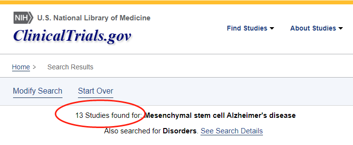 clinicaltrials.gov網(wǎng)站上注冊(cè)的有關(guān)間充質(zhì)干細(xì)胞治療阿爾茨海默氏病的臨床研究項(xiàng)目有13項(xiàng)。