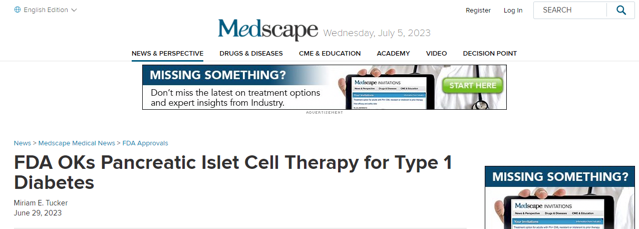 FDA批準(zhǔn)Lantidra，首個(gè)治療1型糖尿病的細(xì)胞療法