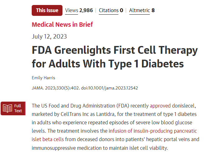 FDA批準(zhǔn)首個針對成人1型糖尿病的細(xì)胞療法 FDA批準(zhǔn)首個針對成人1型糖尿病的細(xì)胞療法