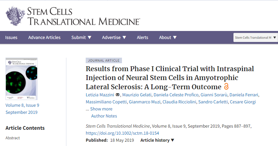 脊髓內(nèi)注射神經(jīng)干細胞治療肌萎縮性側(cè)索硬化癥的I期臨床試驗結(jié)果：一個長期結(jié)果