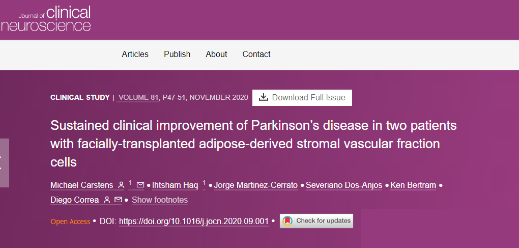 面部移植脂肪來源的基質(zhì)血管成分細(xì)胞后，兩名帕金森病患者病情持續(xù)改善