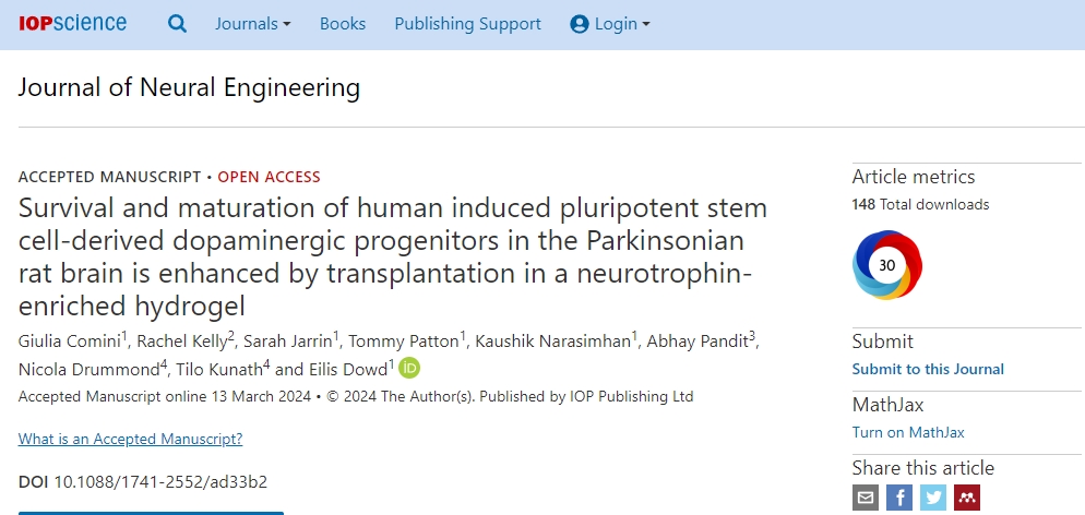通過在富含神經(jīng)營養(yǎng)素的水凝膠中移植人誘導(dǎo)的多能干細胞衍生的多巴胺能祖細胞，可以增強帕金森病大鼠腦中的存活和成熟。