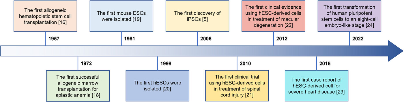 圖1：干細胞療法（SCT）幾十年來取得的重要研究進展。