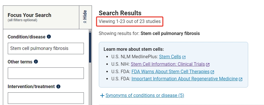 干細(xì)胞治療肺纖維化的臨床研究項(xiàng)目有23項(xiàng)。