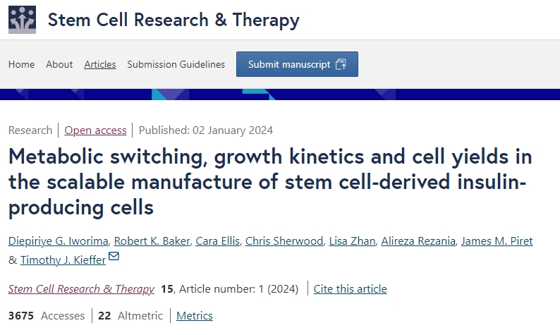 干細(xì)胞衍生的胰島素生產(chǎn)細(xì)胞的可擴(kuò)展制造中的代謝轉(zhuǎn)換、生長(zhǎng)動(dòng)力學(xué)和細(xì)胞產(chǎn)量
