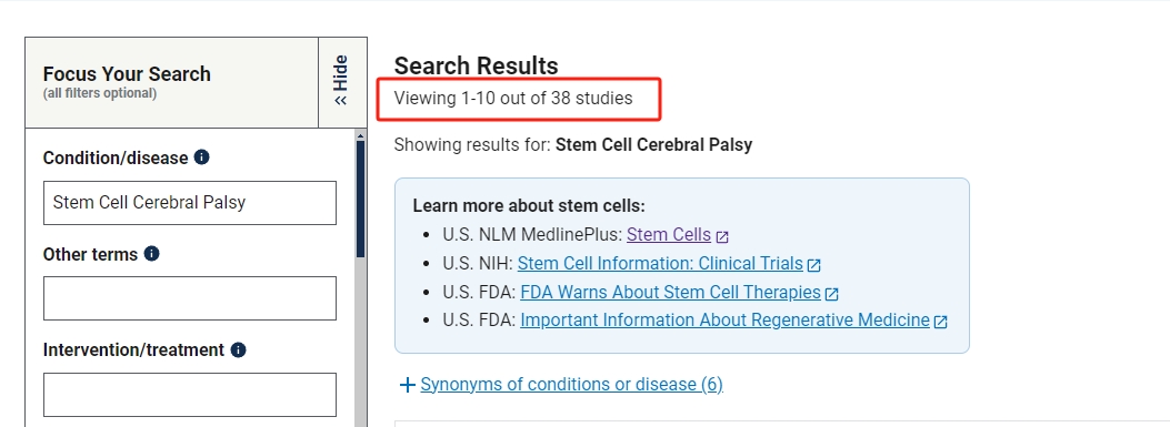 clinicaltrials.gov網(wǎng)站上注冊的有關(guān)干細胞治療腦癱的臨床研究項目有38項。其中已完成的有12項。