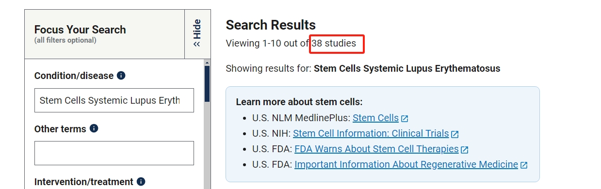 clinicaltrials.gov網(wǎng)站上注冊的有關(guān)干細胞治療系統(tǒng)性紅斑狼瘡的臨床研究項目有38項。其中已完成的有10項。