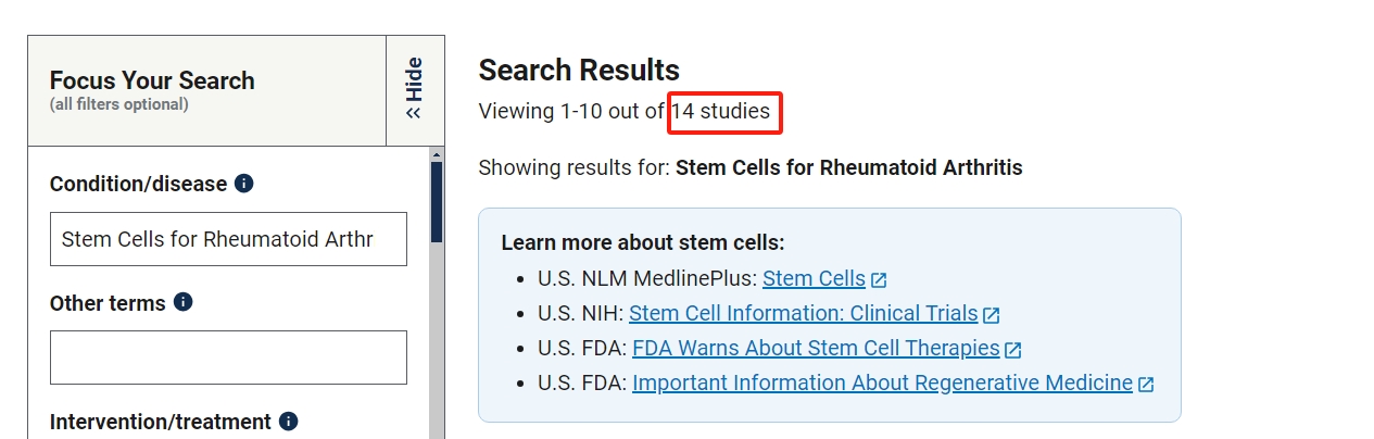 干細胞治療類風濕關(guān)節(jié)炎的臨床研究項目有14項。其中已完成的有2項。