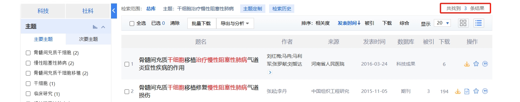 國內(nèi)中國知網(wǎng)cnki.net網(wǎng)站上已經(jīng)有3個干細(xì)胞治療慢性阻塞性肺病的相關(guān)文章