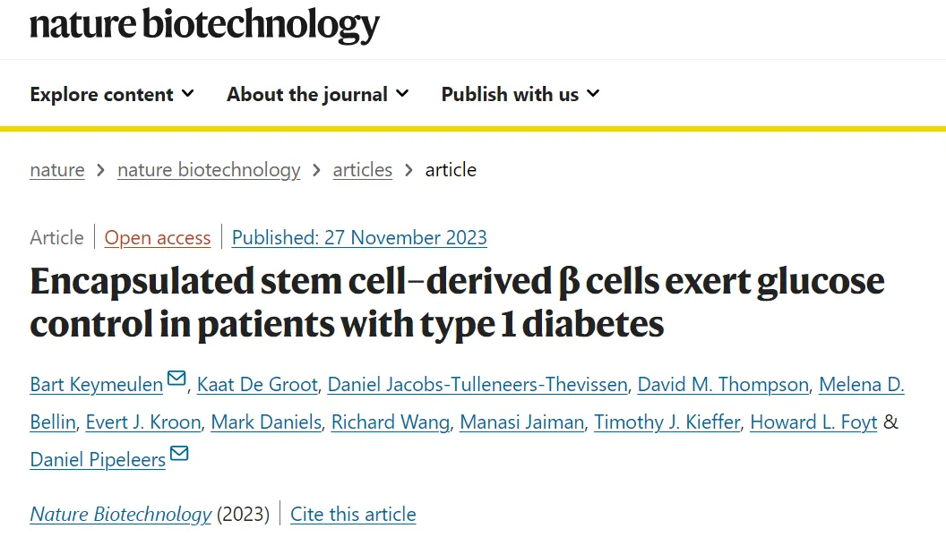 封裝干細(xì)胞衍生的 β 細(xì)胞對(duì) 1 型糖尿病患者發(fā)揮血糖控制作用