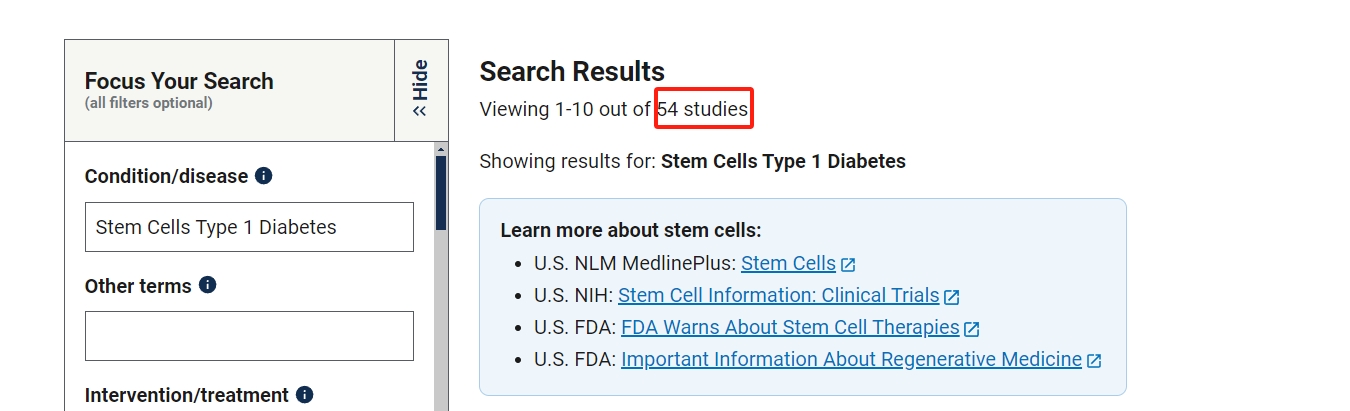 干細(xì)胞治療1型糖尿病的臨床研究項(xiàng)目有54項(xiàng)。其中已完成的有13項(xiàng)。