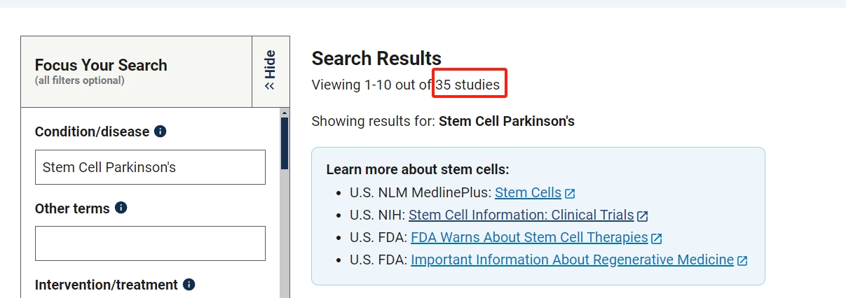 clinicaltrials.gov網(wǎng)站上注冊的有關(guān)干細(xì)胞治療帕金森的臨床研究項(xiàng)目有35項(xiàng)。其中已完成的有5項(xiàng)。