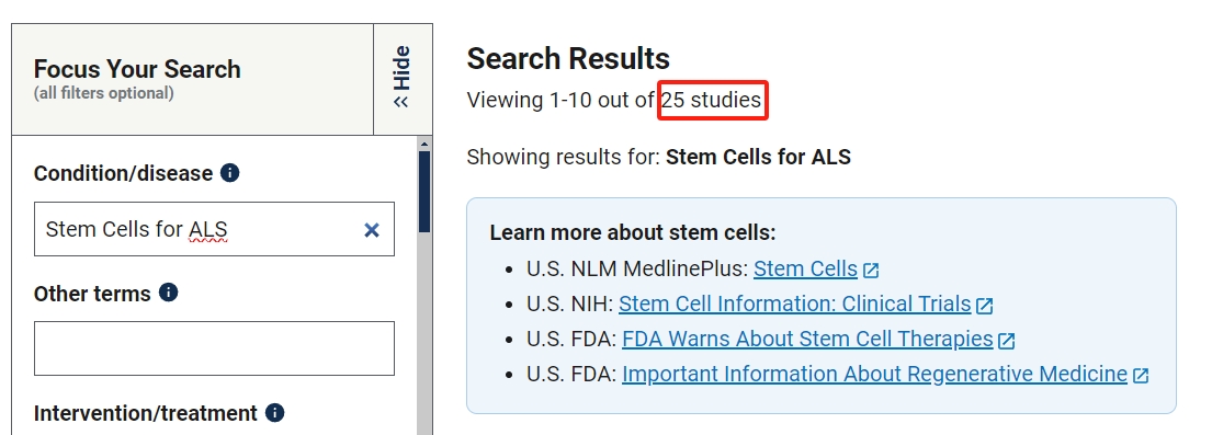 干細胞治療肌萎縮側(cè)索硬化癥的臨床研究項目有25項。其中已完成的有8項。