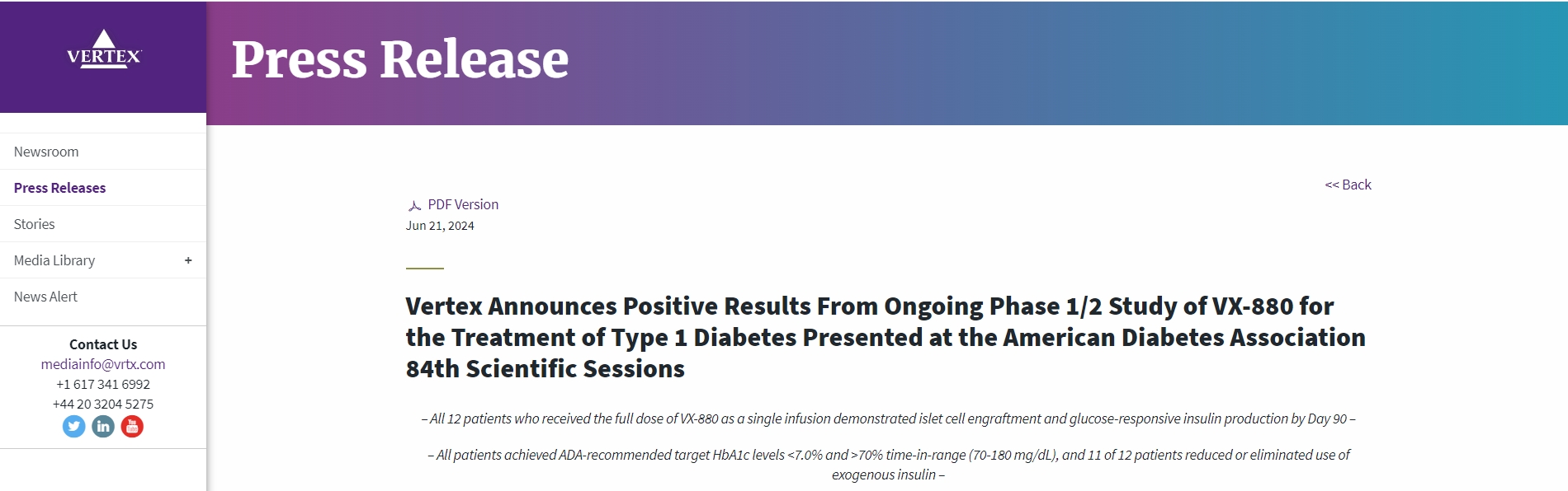 Vertex 宣布正在進行的 VX-880 治療 1 型糖尿病的 1/2 期研究取得積極成果，并在美國糖尿病協(xié)會第 84 屆科學(xué)會議上發(fā)表