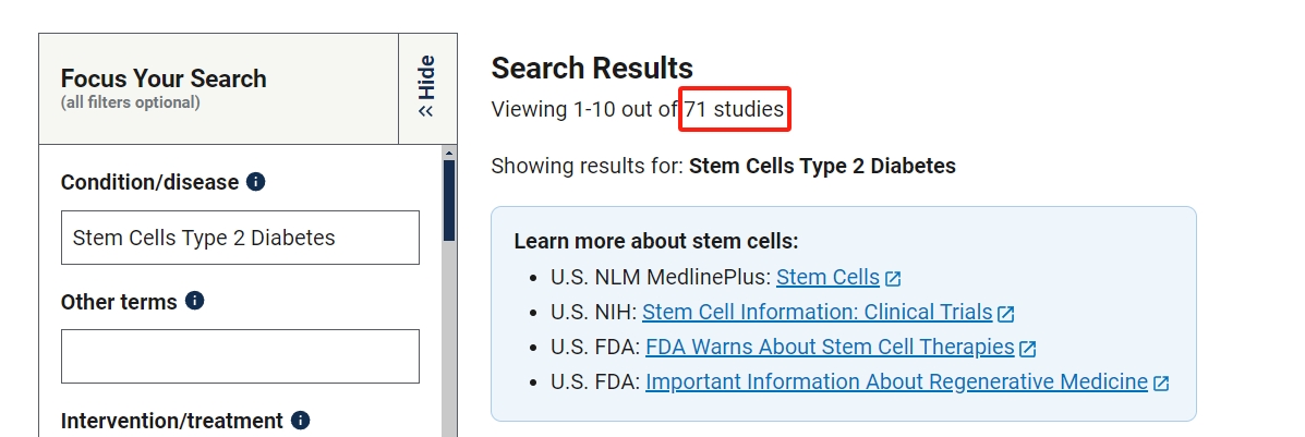 關(guān)干細胞治療2型糖尿病的臨床研究項目有71項。其中已完成的有39項。