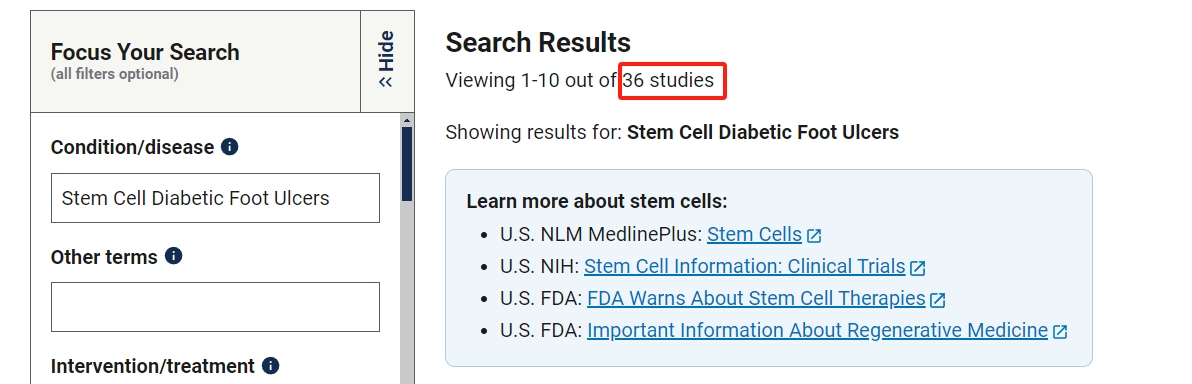 干細(xì)胞治療糖尿病足潰瘍的臨床研究項目有36項。其中已完成的有10項。