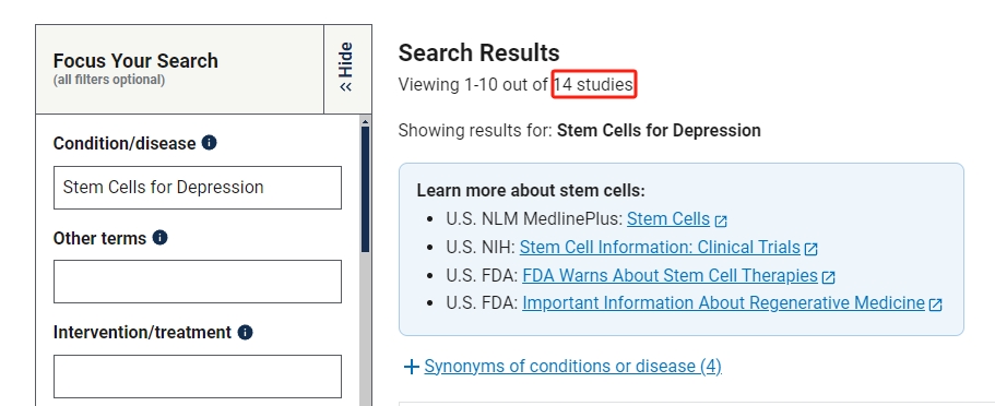 干細(xì)胞治療抑郁癥臨床研究項(xiàng)目有14項(xiàng)。其中已完成的有10項(xiàng)。