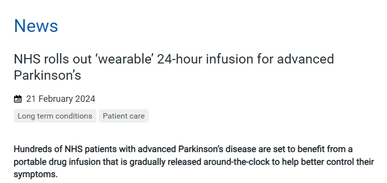 NHS推出“可穿戴”24小時(shí)輸液設(shè)備，用于治療晚期帕金森癥