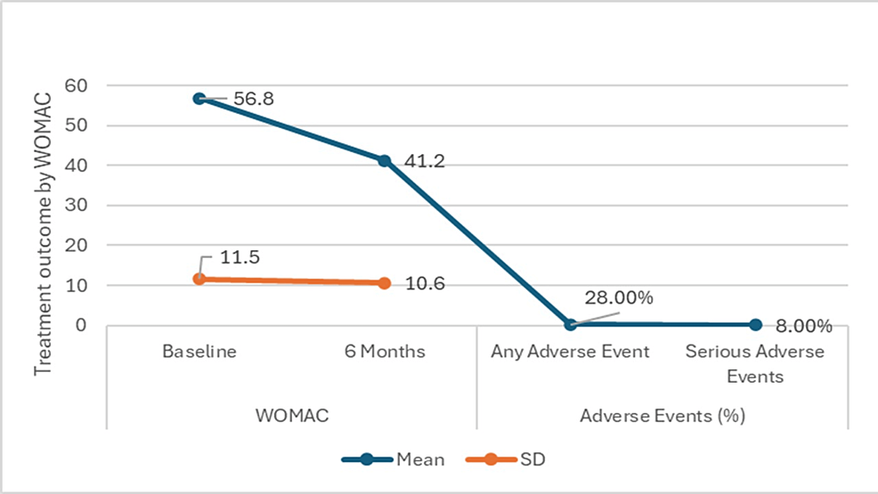 圖4：西安大略大學和麥克馬斯特大學關節(jié)炎指數(shù) (WOMAC) 六個月隨訪的治療結果