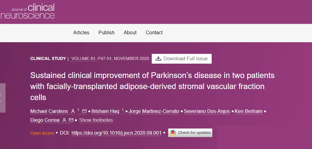 面部移植脂肪來源的基質(zhì)血管成分細(xì)胞后，兩名帕金森病患者病情持續(xù)改善