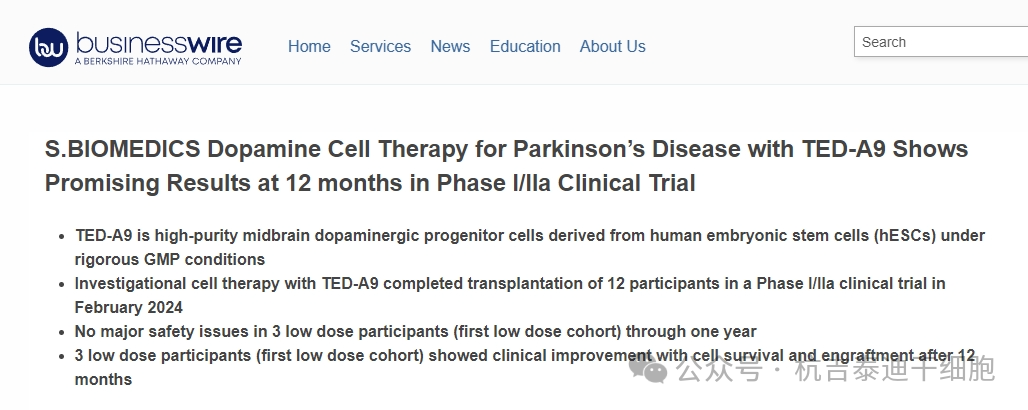 S.BlOMEDICS多巴胺細(xì)胞治療帕金森病與泰德- a9在12個月的i / la期臨床試驗顯示有希望的結(jié)果