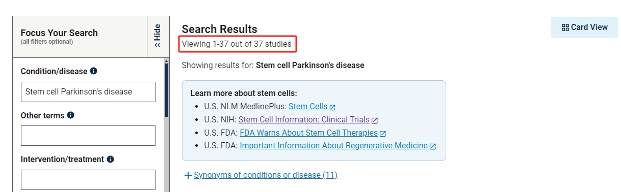 干細(xì)胞治療帕金森病的臨床研究項(xiàng)目有37項(xiàng)。