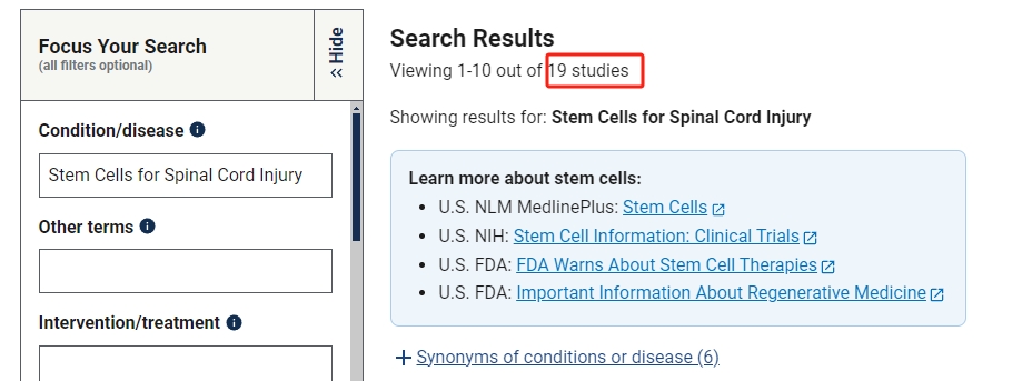 干細(xì)胞治療脊髓損傷臨床研究項(xiàng)目有19項(xiàng)。其中國內(nèi)發(fā)布的占據(jù)2項(xiàng)。