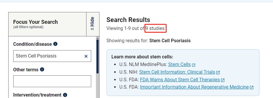 干細胞治療銀屑病臨床研究項目有9項。其中國內(nèi)發(fā)布的占據(jù)7項。