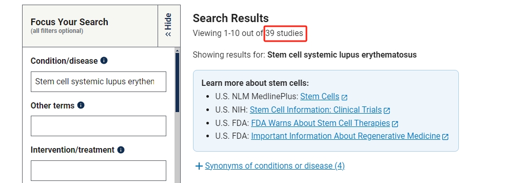 干細胞治療系統(tǒng)性紅斑狼瘡臨床研究項目有39項。其中國內(nèi)發(fā)布的占據(jù)8項。