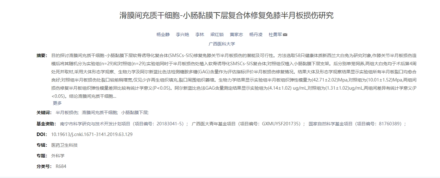 滑膜間充質(zhì)干細胞-小腸黏膜下層復合體修復兔膝半月板損傷研究