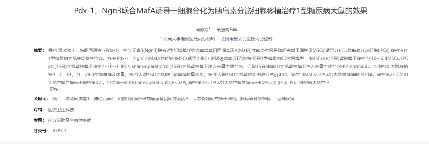 dx-1、Ngn3聯(lián)合MafA誘導干細胞分化為胰島素分泌細胞移植治療1型糖尿病大鼠的效果