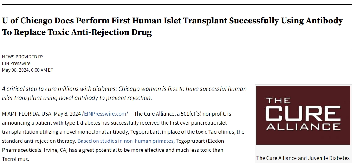 芝加哥大學(xué)醫(yī)生成功實(shí)施首例人類胰島移植手術(shù)，使用抗體替代有毒抗排斥藥物