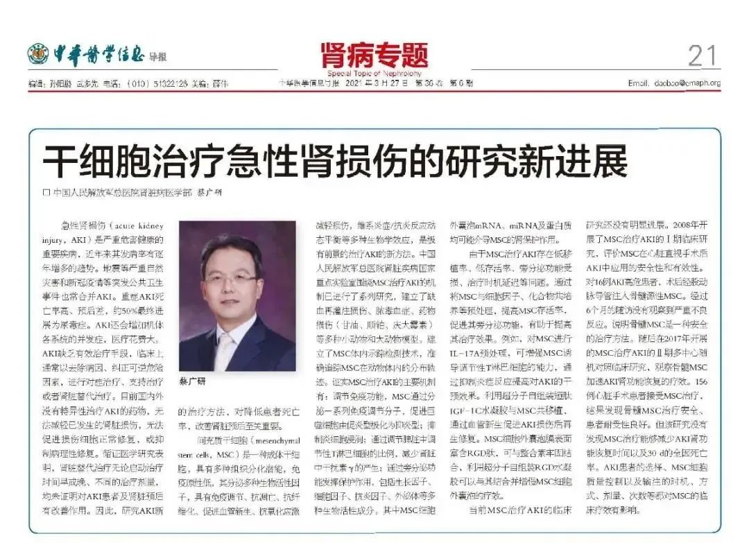 干細胞治療急性腎損傷的研究新進展 干細胞治療急性腎損傷的研究新進展