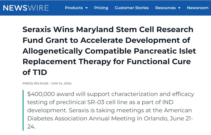 Seraxis 獲得馬里蘭州干細(xì)胞研究基金資助，加速開發(fā)同種異體相容性胰島替代療法，實(shí)現(xiàn) 1 型糖尿病功能性治愈
