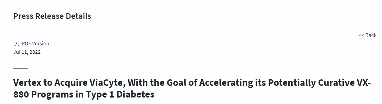 Vertex 收購 ViaCyte，旨在加速其在 1 型糖尿病領(lǐng)域具有潛在治愈作用的 VX-880 項(xiàng)目