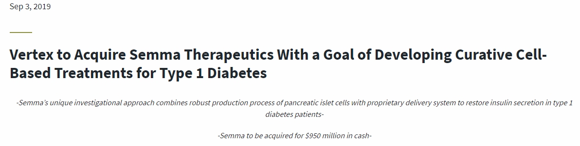 Vertex 收購 semma Therapeutics，旨在開發(fā) 1 型糖尿病的細(xì)胞療法