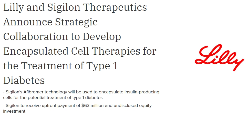 Lilly公司與 Sigilon Therapeutics 宣布開展戰(zhàn)略合作，開發(fā)用于治療 1 型糖尿病的封裝細(xì)胞療法