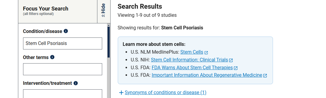 有關(guān)干細(xì)胞治療銀屑病臨床研究項(xiàng)目有9項(xiàng)，已完成的有4項(xiàng)。