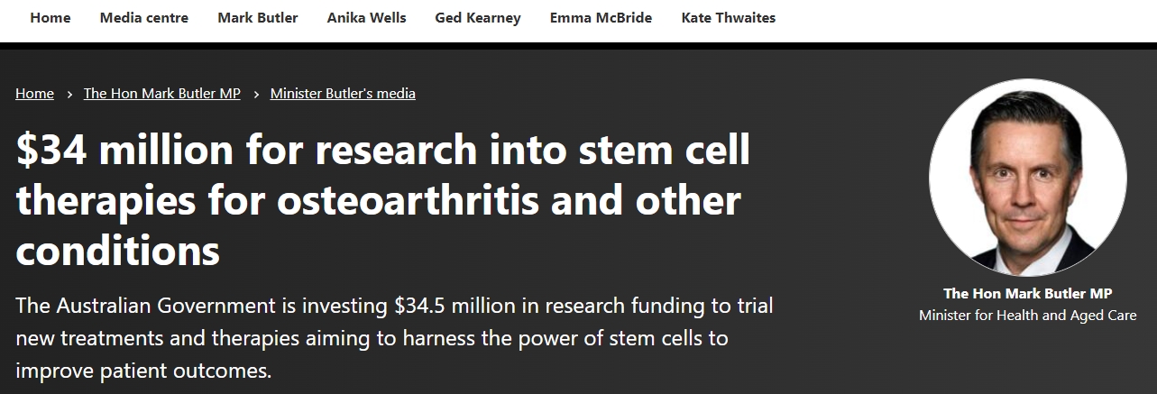 澳大利亞政府:投資3400萬美元用于骨關(guān)節(jié)炎和其他疾病的干細胞療法研究