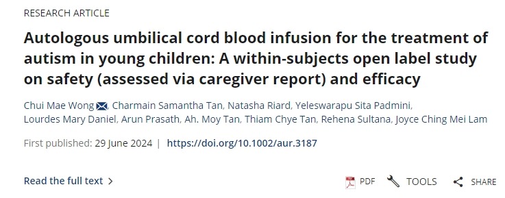 自體臍帶血輸注治療幼兒自閉癥:一項關(guān)于安全性(通過護理人員報告評估)和有效性的受試者內(nèi)開放標簽研究 自體臍帶血輸注治療幼兒自閉癥:一項關(guān)于安全性(通過護理人員報告評估)和有效性的受試者內(nèi)開放標簽研究