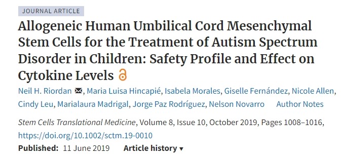 同種異體人臍帶間充質(zhì)干細(xì)胞治療兒童自閉癥譜系障礙：安全性和對(duì)細(xì)胞因子水平的影響