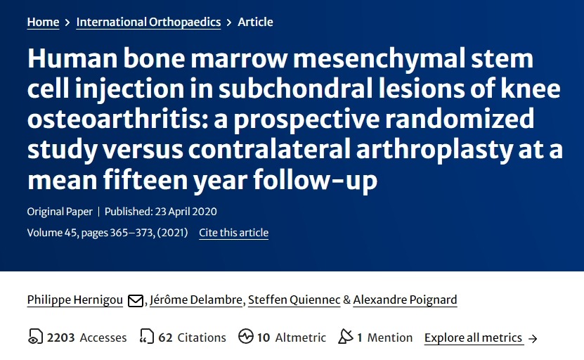 人類(lèi)骨髓間充質(zhì)干細(xì)胞注射治療膝骨關(guān)節(jié)炎軟骨下?lián)p傷：一項(xiàng)前瞻性隨機(jī)研究，對(duì)比平均15年隨訪的對(duì)側(cè)關(guān)節(jié)置換術(shù)