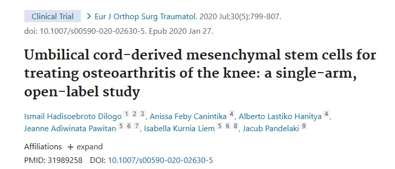臍帶來(lái)源的間充質(zhì)干細(xì)胞治療膝骨關(guān)節(jié)炎：一項(xiàng)單臂、開(kāi)放標(biāo)簽研究
