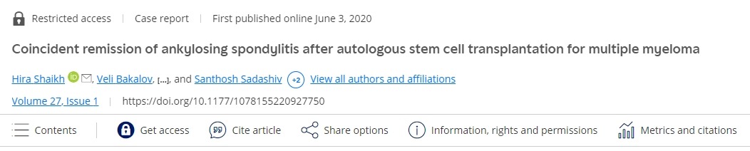 自體干細(xì)胞移植治療多發(fā)性骨髓瘤后強直性脊柱炎同時緩解