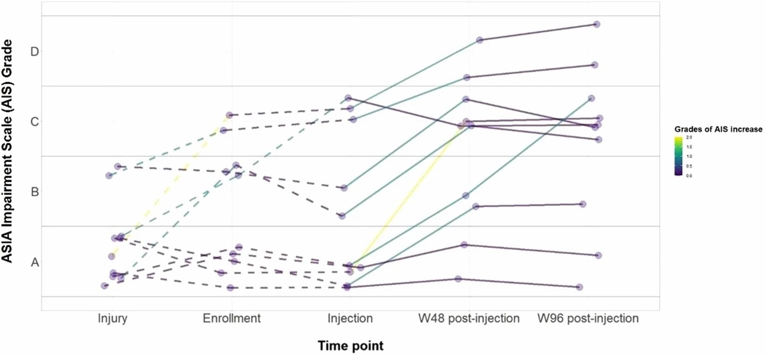 圖2：受傷、入組、注射和最終隨訪時的 AIS 等級。
