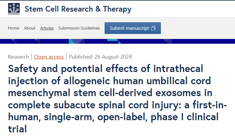 鞘內(nèi)注射同種異體人臍帶間充質(zhì)干細胞來源的外泌體對完全性亞急性脊髓損傷的安全性和潛在影響